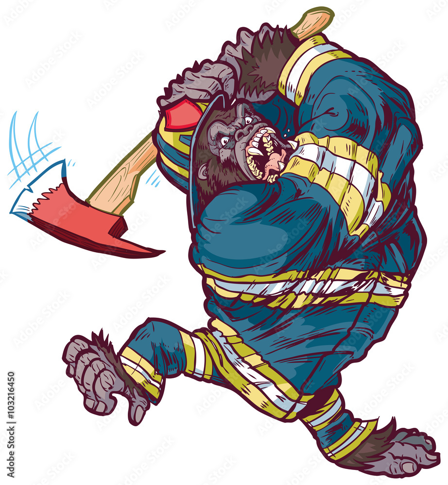 Fototapeta premium Angry Cartoon Gorilla Firefighter Swinging Fire Axe