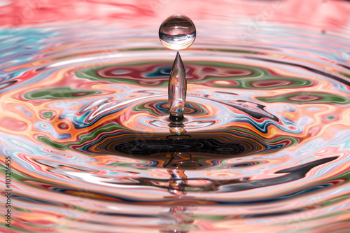 Single solitary drip drop splash of water into colorful reflective calm puddle pool creating ripples waves rings circles movement