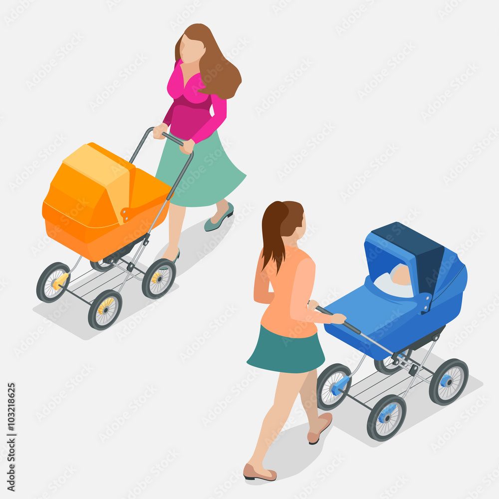 Mother pushing a baby stroller isolated against background