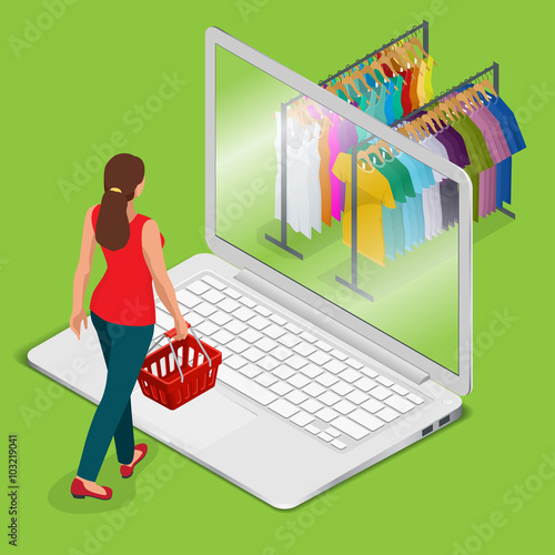 E-commerce, pay on-line and on-line shopping concept. Mobile grocery shopping e-commerce online store flat 3d web isometric illustration for infographic concept vector electronic business sales.