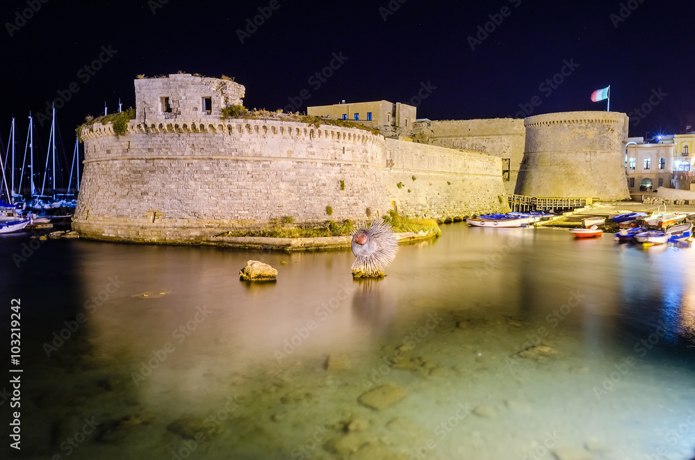 Angevine-Aragonese Castle in Gallipoli at night, Apulia, Italy