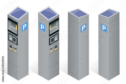 Parking meter allowing payment by mobile phone, credit cards, coins. Infographic business elements. Flat 3d isometric vector illustration.