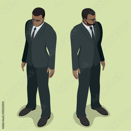 Black man security guard. Security guard face control. Security man of nightclub. Security guard of nightclub, bouncer. Powerful muscular bodybuilder. 3D flat vector isometric illustration.