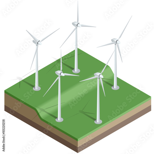 Flat 3d Vector isometric illustration. Wind turbines. Wind energy. Eco energy