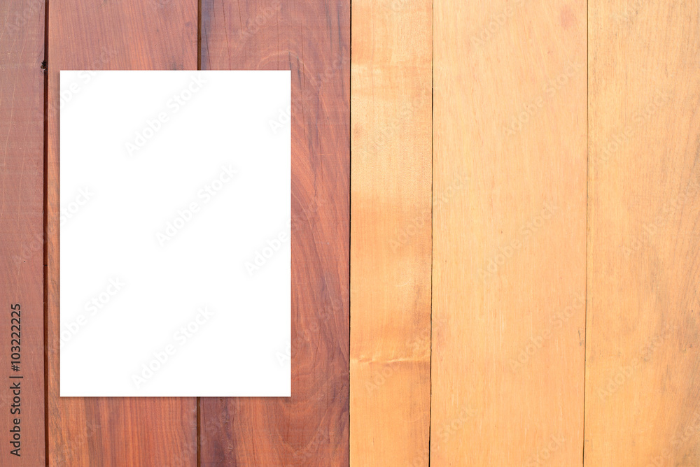 Blank folded paper poster hanging on wooden wall,Template mock up for adding your design. Blank folded paper poster hanging on wooden wall,Template mock up for adding your design.