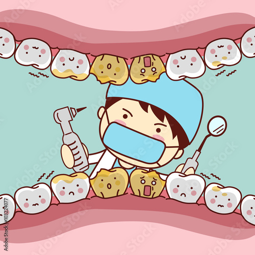 cartoon fear tooth with dentist