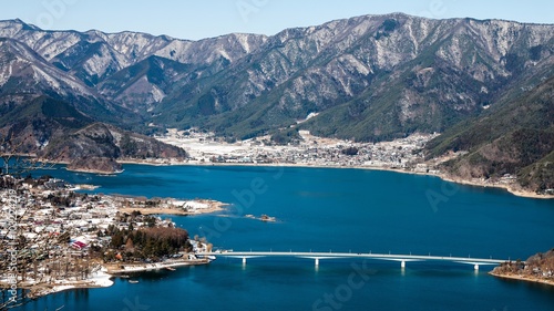 Aerial view of Kawaguchiko lake from Kawaguchiko Tenjoyama Park