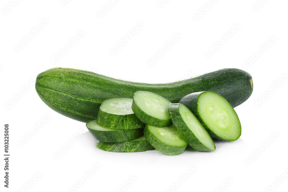 Cucumber and slices isolated on white background Cucumber and slices isolated on white background