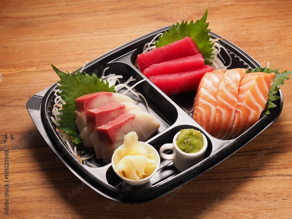 Salmon Tuna and Hamachi sashimi, Japanese raw food Salmon Tuna and Hamachi sashimi, Japanese raw food