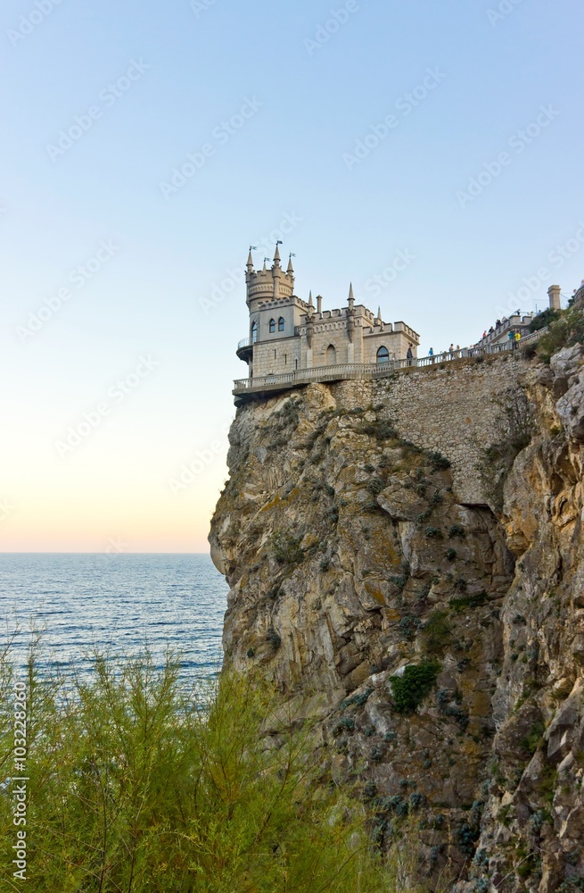 Scenic evening view of the well-known castle Swallow's Nest near Yalta. Crimea. Sunset