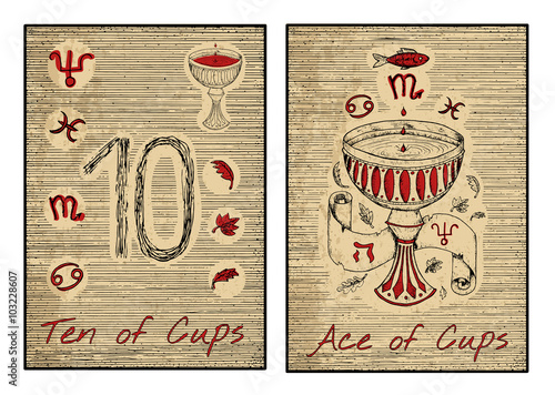 The tarot card in red. Ace and ten of cups.