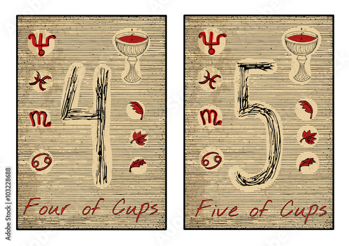 The tarot card in red. Four and five of cups