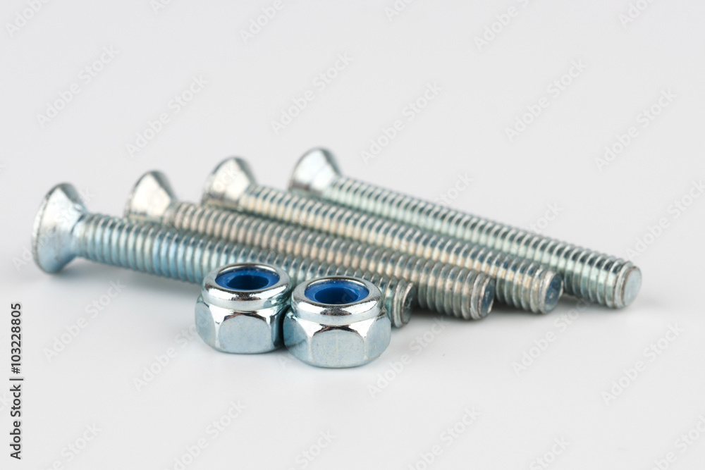 Two shiny metal screws and nuts Two shiny metal screws and nuts