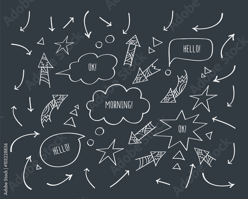 Set of different arrows and speech bubbles. Hand drawn with chalk on the black chalkboard. Doodles, sketch design elements for your design. Vector.
