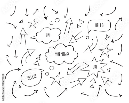 Set of different arrows and speech bubbles. Hand drawing elements. Doodles  sketch for your design. Black and white. Vector.