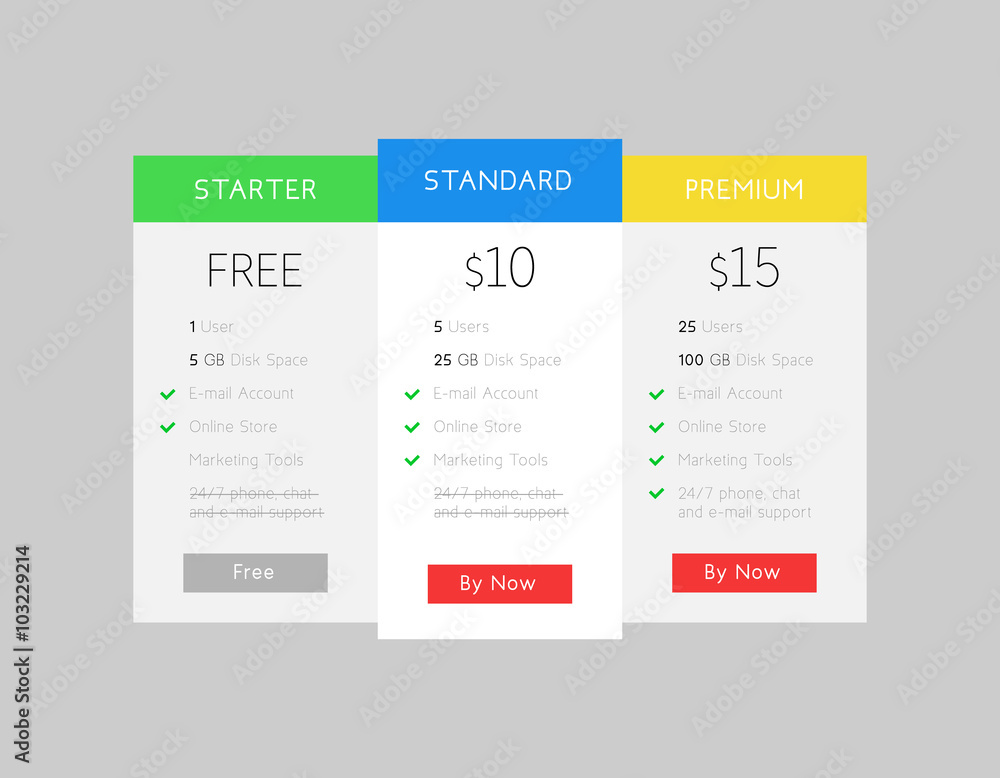 Vector price table. Web site Interface. Hosting banner