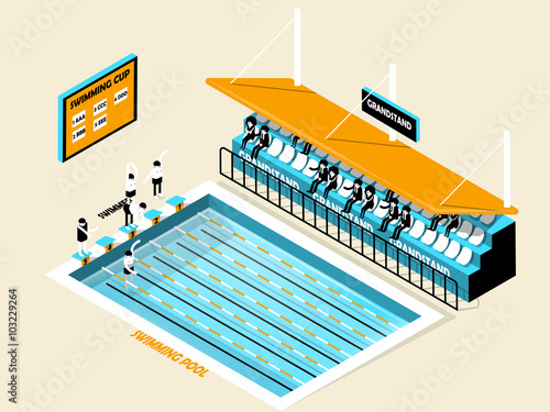 beautiful isometric design of swimming pool, grandstand, swimmer and score board,swimming pool isometric design