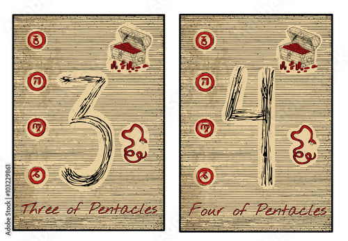 The tarot card in red. Three and four of pentacles