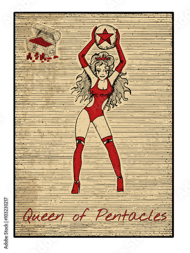The tarot card in red. Queen of pentacles