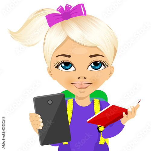 little schoolgirl choosing between tablet and books 