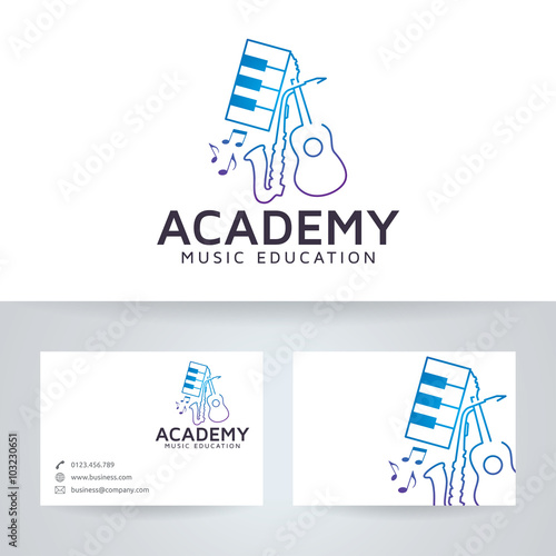 Music academy vector logo with business card template