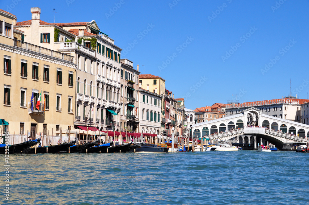 view of the Grand Canal and Rialto Bridge  in Venice, Italy.