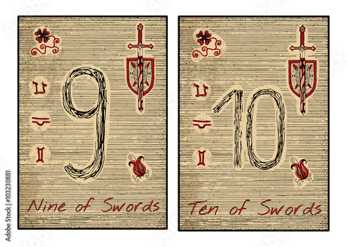 The tarot card in red. Nine and ten of Swords.
