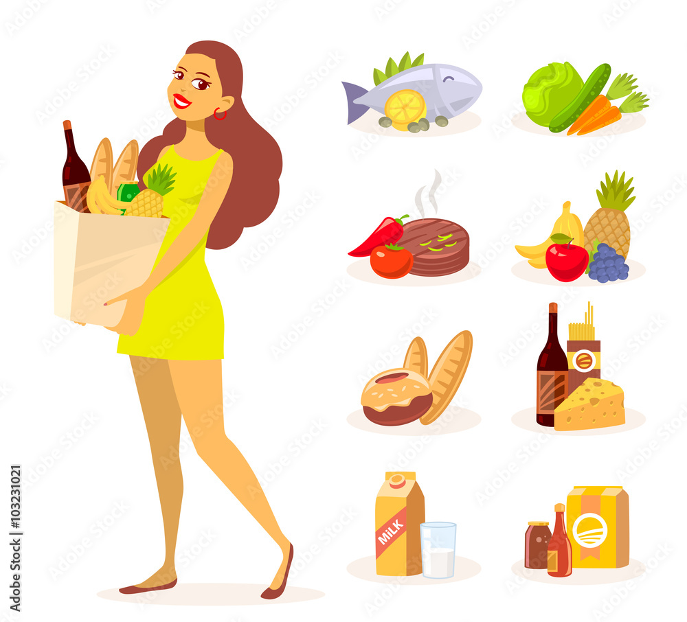 Vector illustration of young girl in green dress with paper food