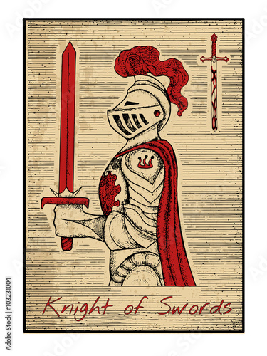 The tarot card in red. Knight of swords