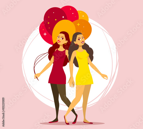 Vector illustration of two young girls with bunch of balloons on