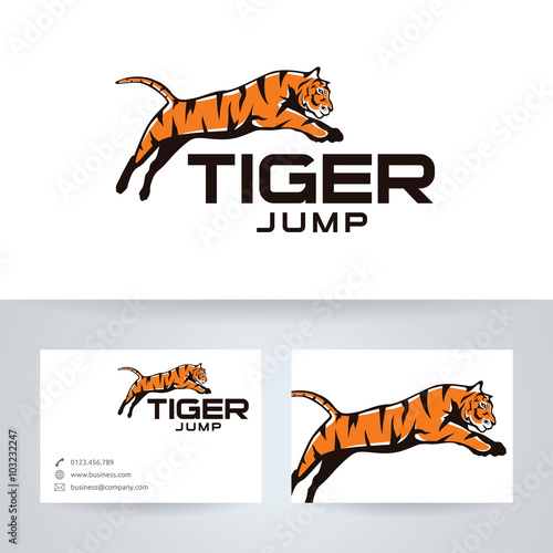Tiger jump vector logo with business card template