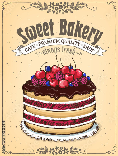 Berry velvet cake with chocolate. Bakery shop
