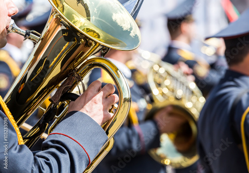 military musician with brass tuba at street concert