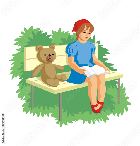 girl reading
маленькая девочка сидит на садовой скамейке и читает книгу своему плюшевому медвежонку