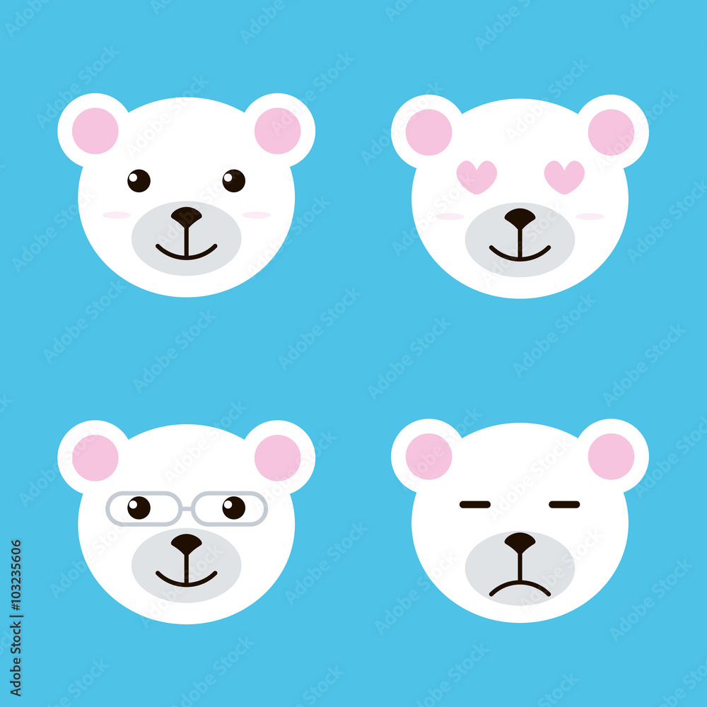 Set of flat design polar white bear smiles. Different facial expressions.