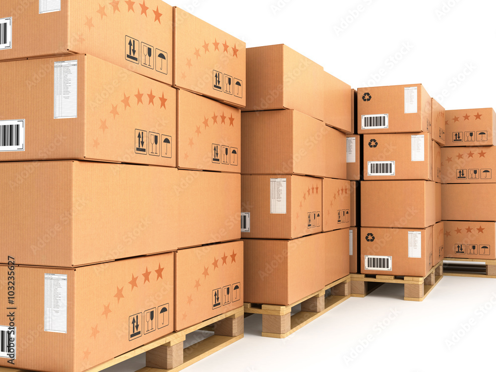 many boxes stacked on pallets isolated on white many boxes stacked on pallets isolated on white