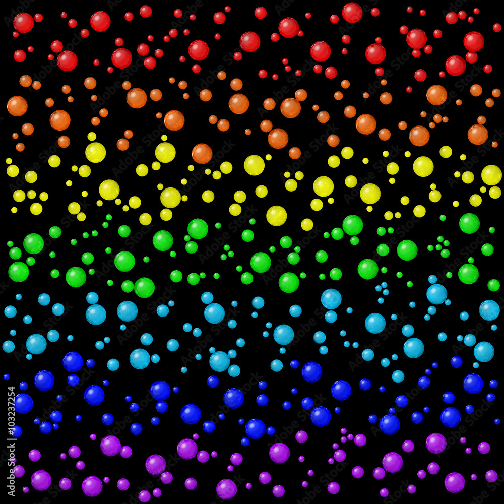 Colorful vivid bubbles balls in rainbow colors with highlights and flecks on black background (design element for decoration)