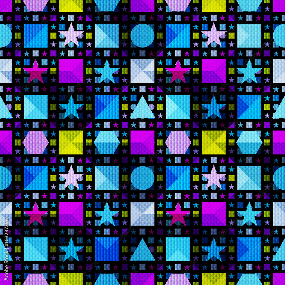 psychedelic geometric objects on a black background seamless pattern vector illustration psychedelic geometric objects on a black background seamless pattern vector illustration