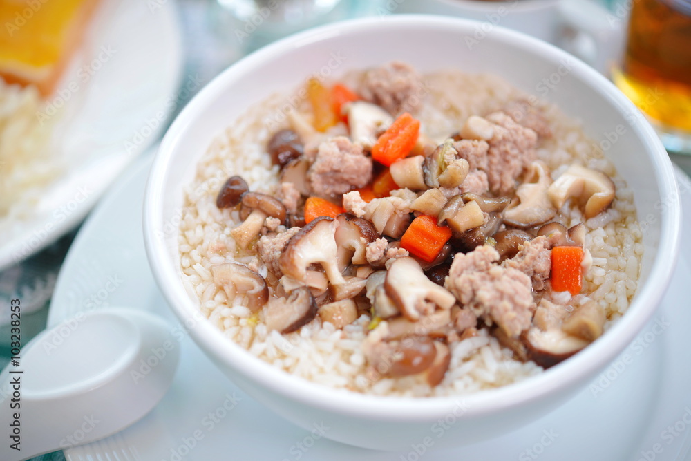 Boiled rice pork or mush for breakfast. Boiled rice pork or mush for breakfast.
