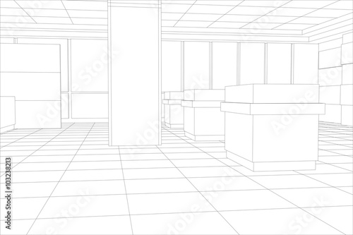 Interior office outlined. Tracing illustration of 3d