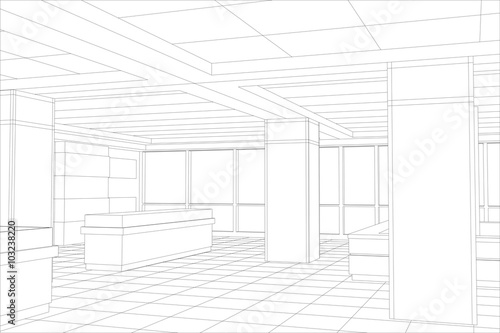 Interior office outlined. Tracing illustration of 3d