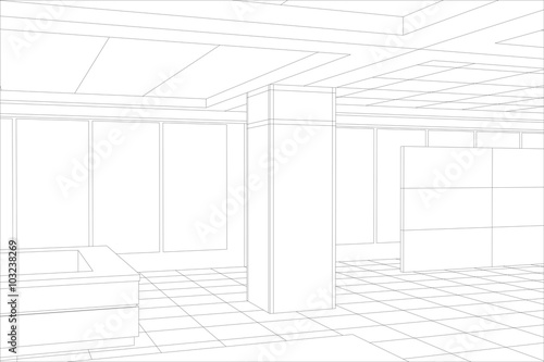 Interior office outlined. Tracing illustration of 3d