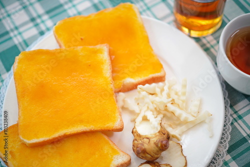 Breakfast toast with jam Helianthus tuberosus