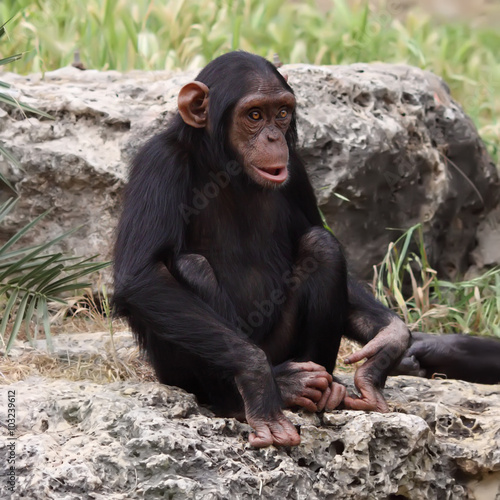 The cub of a chimpanzee sitting on a rock at the zoo