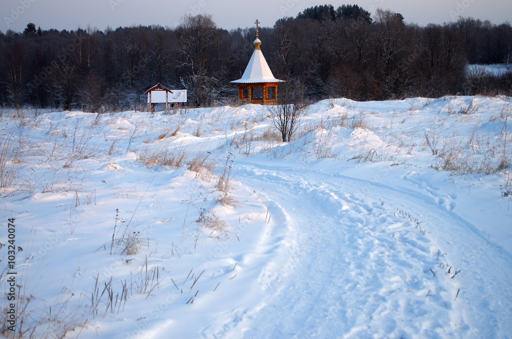 KARELIA, RUSSIA - January, 2016: Chapel with a source named KARELIA, RUSSIA - January, 2016: Chapel with a source named