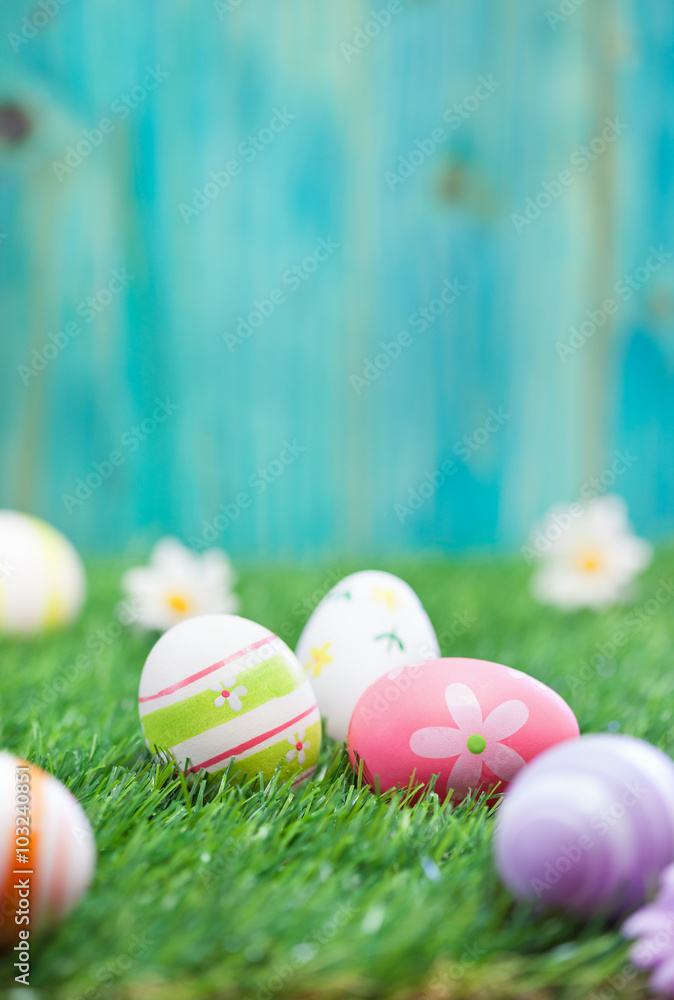 Obraz premium Easter Eggs on a green grass