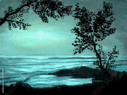Acrylics moonlight background with tree silhouette