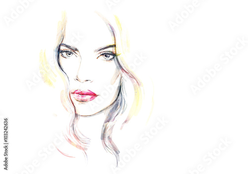 Beautiful woman portrait. Hand painted fashion illustration