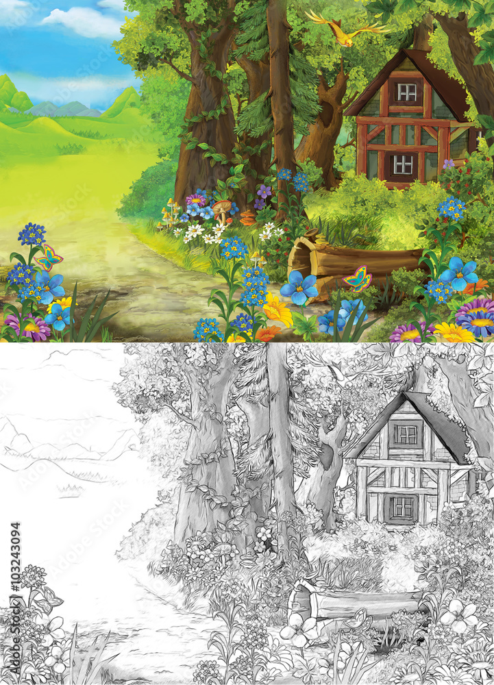 Cartoon nature scene with old house in the forest - coloring page