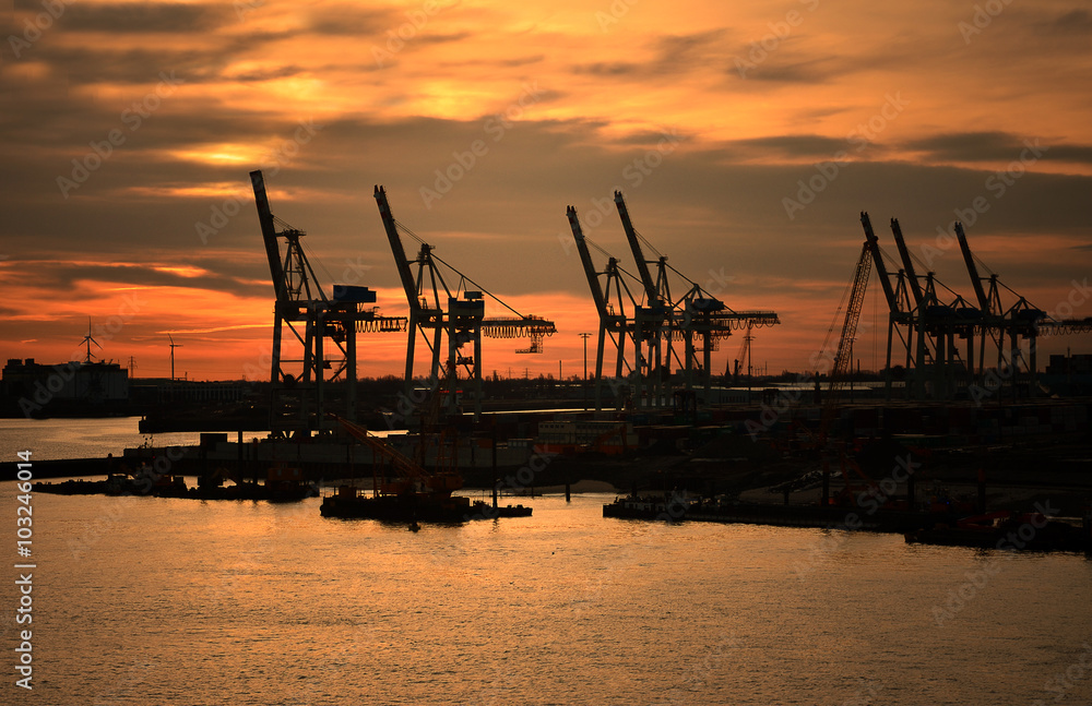 Hafenkräne Hamburger Hafen bei Sonnenaufgang